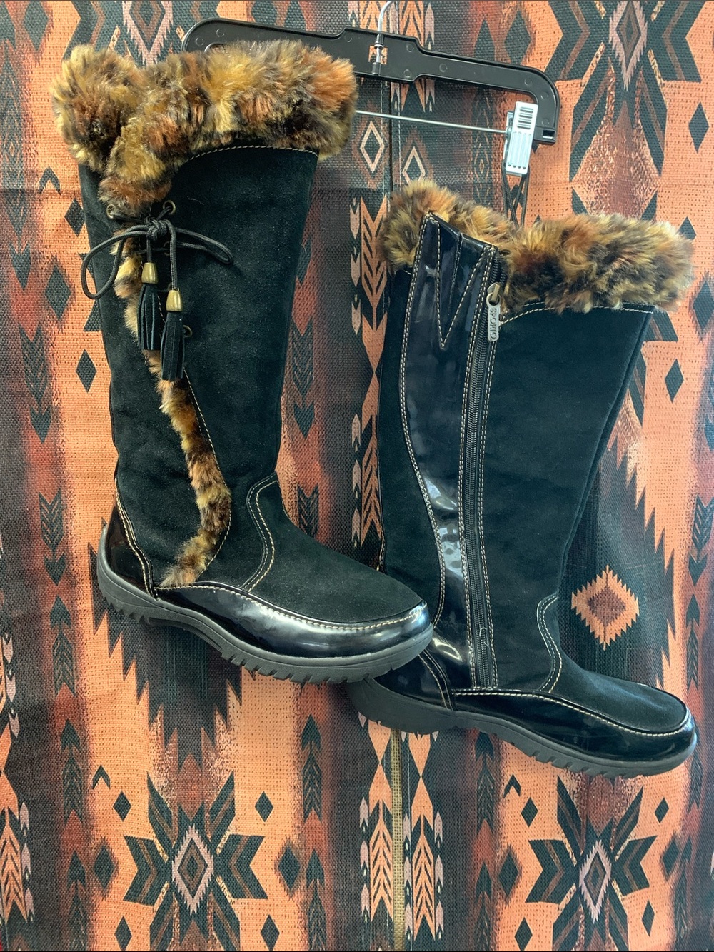 Sporto Black Suede Winter Boots with Brown Faux-Fur Trim